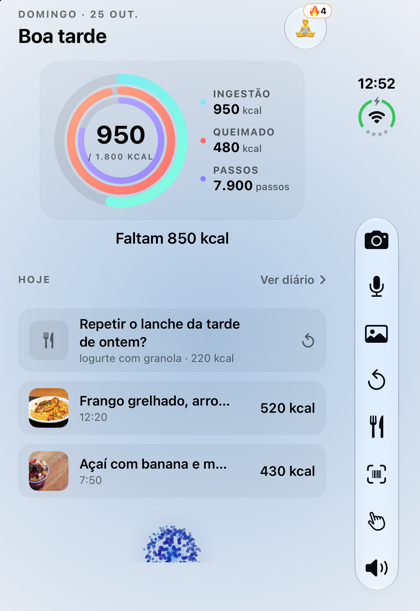Meal AI no iPhone Duo fechado, com as ações na barra lateral