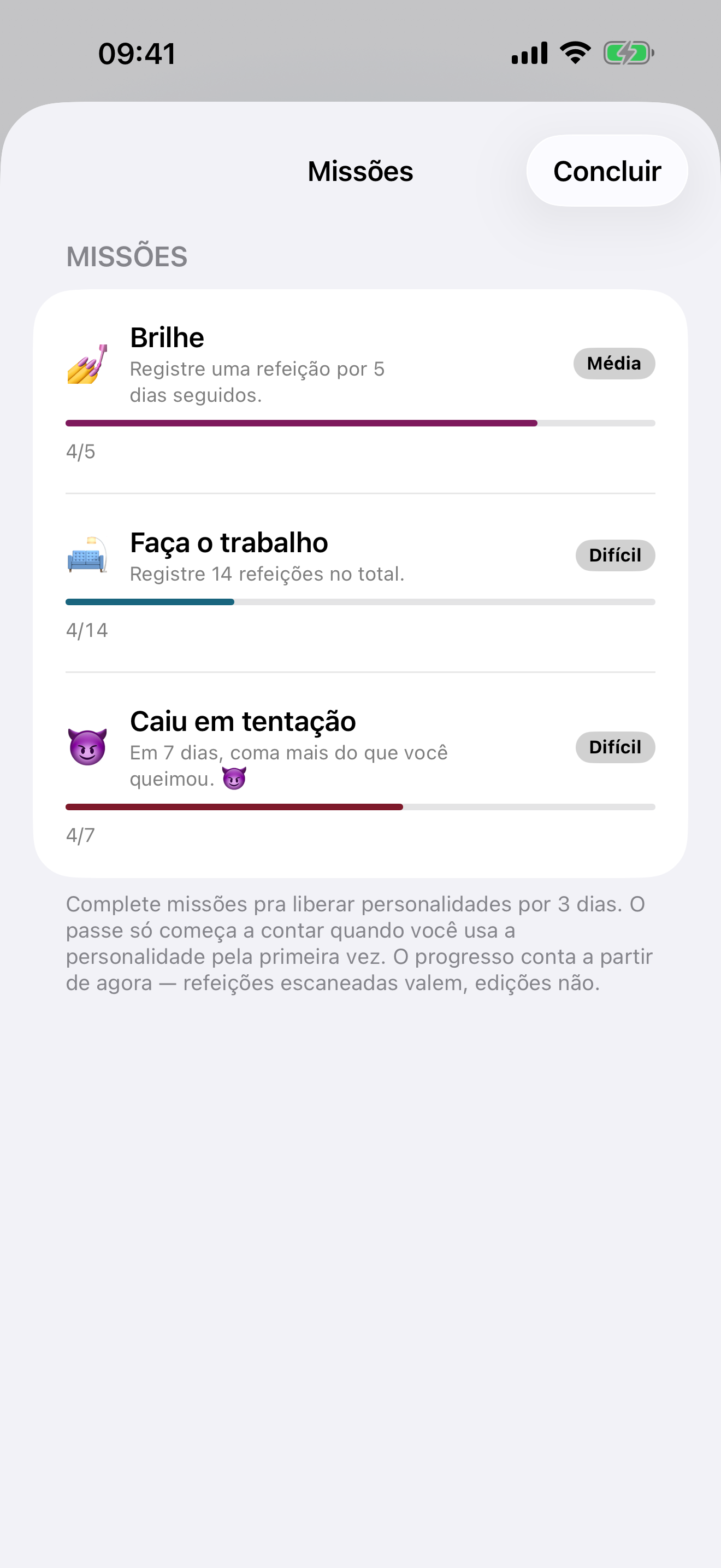 Tela de missões com barras de progresso