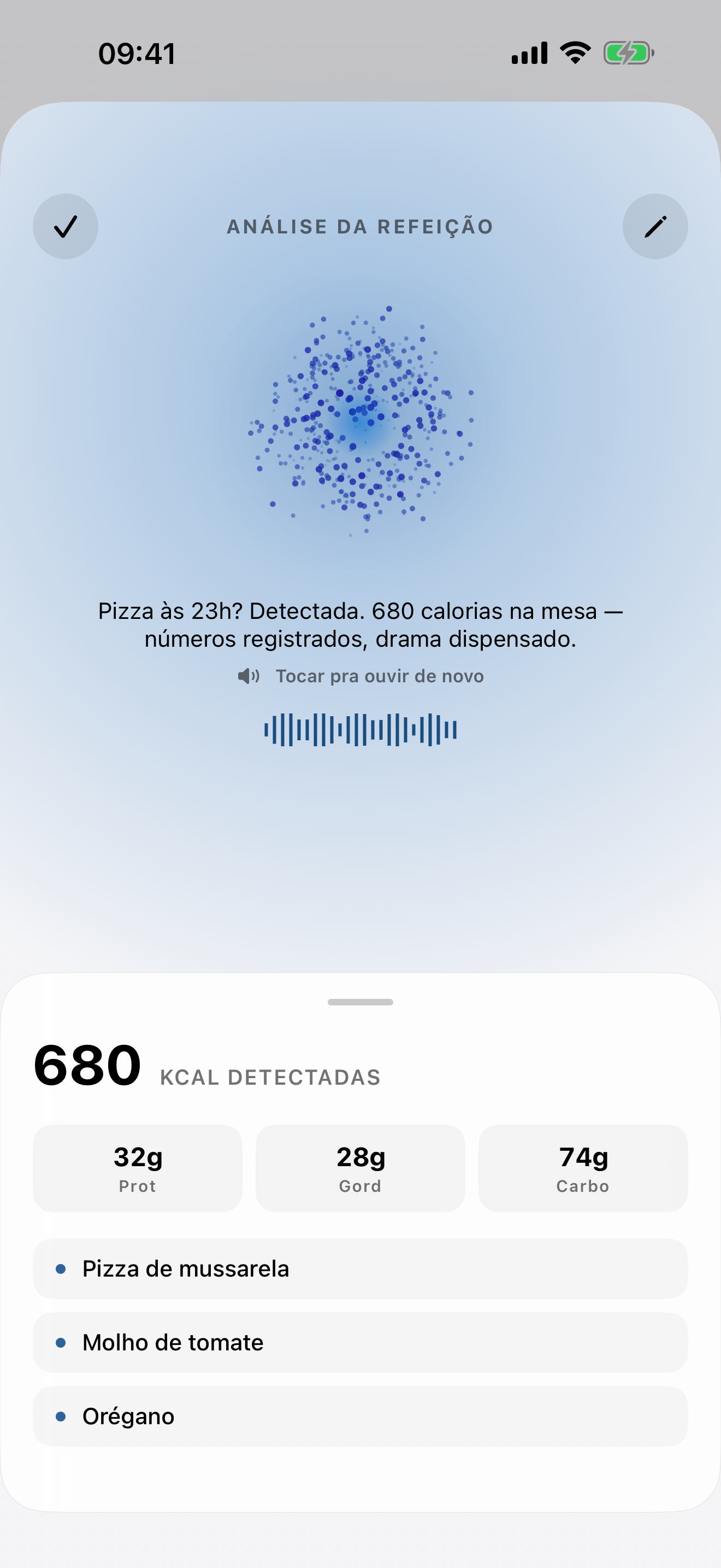 Análise de refeição: 680 kcal, macros e comentário da IA
