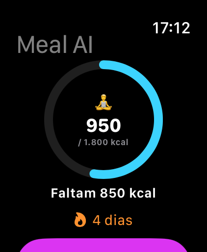 Meal AI no Apple Watch: o anel com 950 de 1.800 kcal e “Faltam 850 kcal”